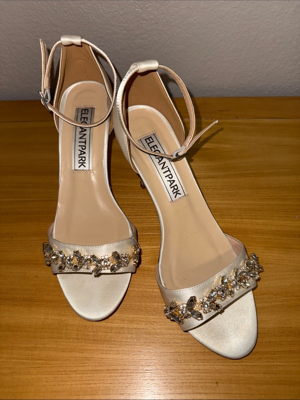 Satin Jeweled Ankle-Strap Heels